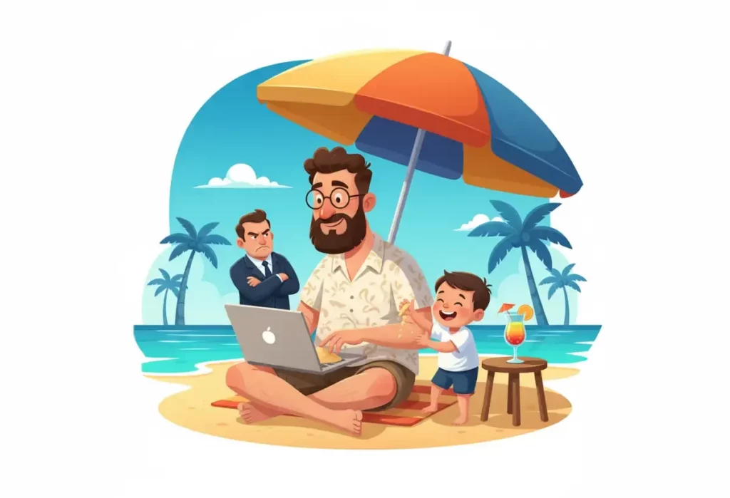Illustration humoristique d’un salarié en télétravail sur une plage, assis sous un parasol avec son ordinateur, dérangé par un enfant qui jette du sable, pendant qu’un patron sérieux apparaît en arrière-plan.