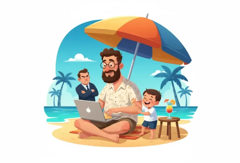 Illustration humoristique d’un salarié en télétravail sur une plage, assis sous un parasol avec son ordinateur, dérangé par un enfant qui jette du sable, pendant qu’un patron sérieux apparaît en arrière-plan.
