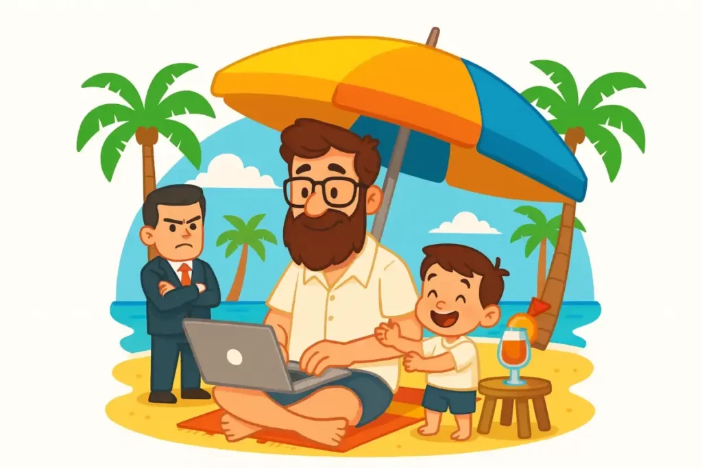 Homme travaillant sur son ordinateur à la plage sous un parasol, accompagné de son enfant et observé par un manager, illustration de la charte télétravail.