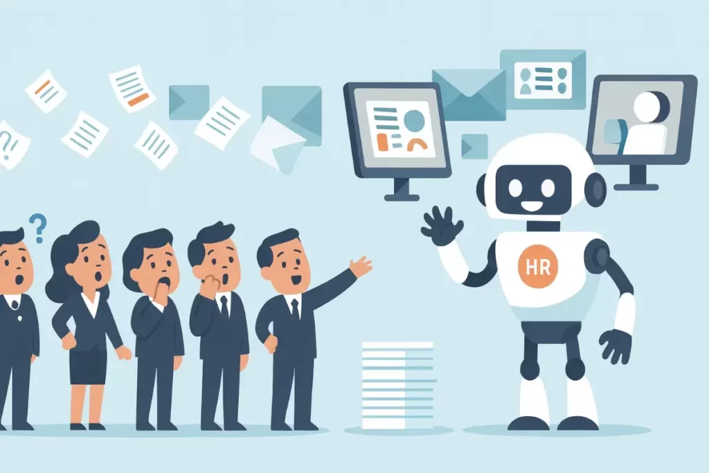 Illustration cartoon montrant un robot RH automatisant la gestion de documents face à des salariés surpris, symbolisant la transformation RH et l’intelligence artificielle