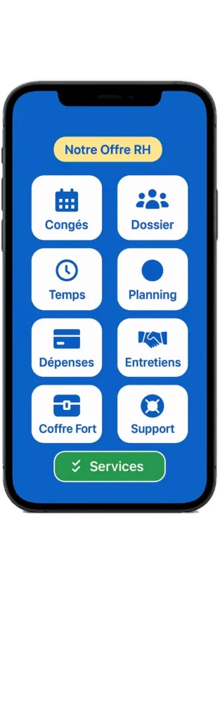 Mockup photoréaliste d’un smartphone affichant l’interface RH Kammi avec des icônes de congés, dossier, temps, planning, dépenses, entretiens, coffre-fort et support.