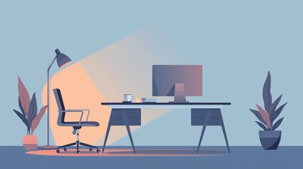 Bureau d’entreprise vide avec une chaise reculée et un écran resté allumé, illustrant un abandon de poste.