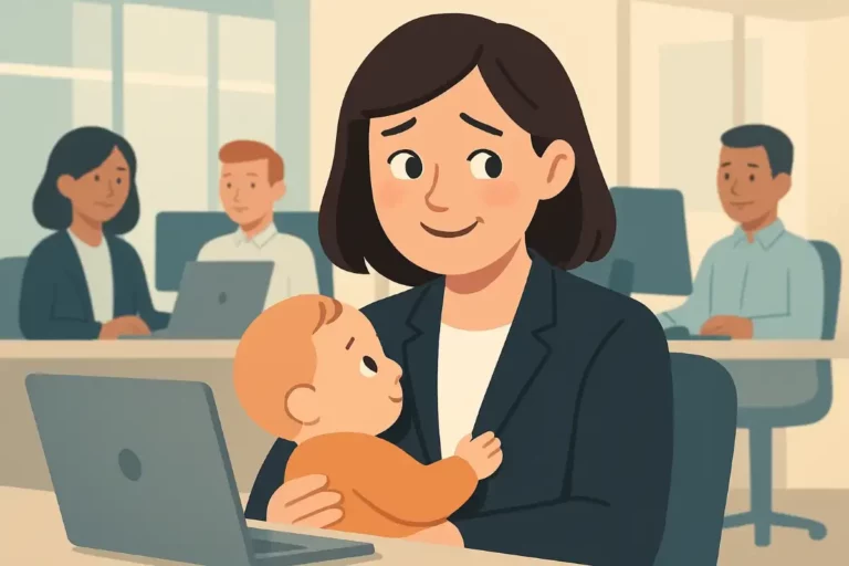 Mère salariée allaitant discrètement son bébé à son bureau dans un open space moderne, illustrant le congé allaitement et les droits des mères au travail.
