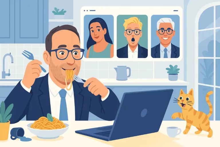 Salarié en télétravail mangeant des spaghettis devant son ordinateur pendant une visioconférence, illustrant le droit aux titres-restaurant pour les télétravailleurs.