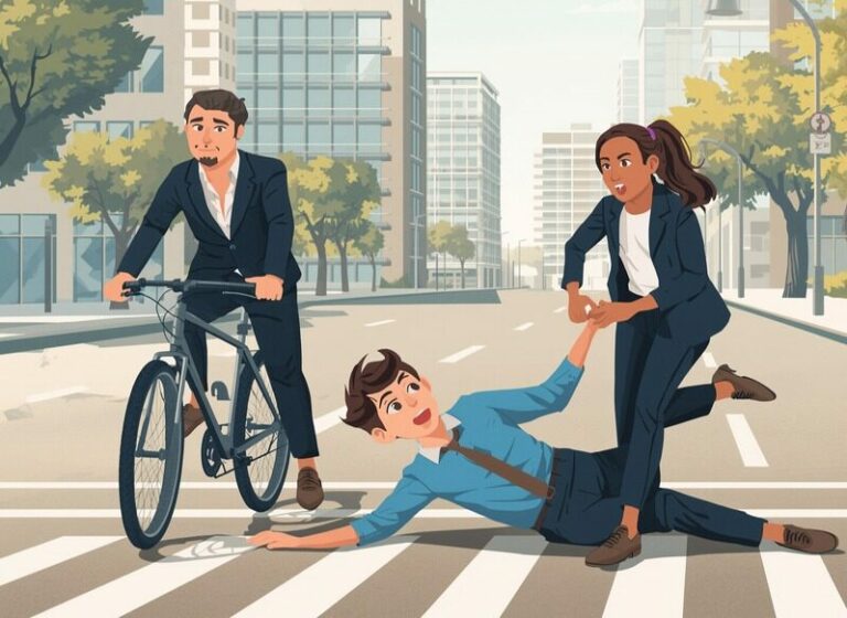 Un accident de trajet représentant un homme en costume tombant à terre sur un passage piétons, une femme le retenant tandis qu'un autre homme à vélo les croise.