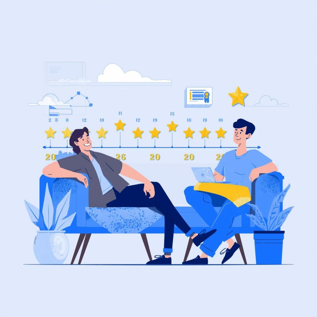 Évaluation de performance et congés d'ancienneté : deux professionnels discutant avec timeline d'étoiles et notes