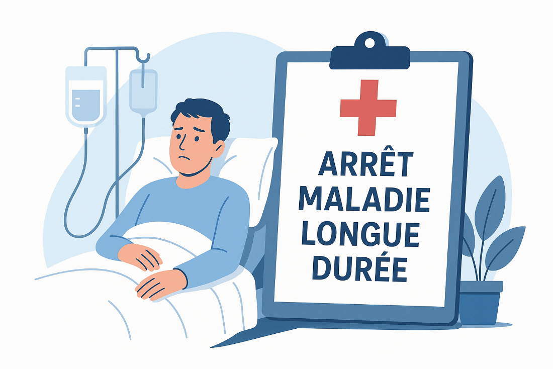 Illustration flat design représentant un salarié en Arrêts maladie longue durée, allongé dans un lit médicalisé avec perfusion et panneau d’information.