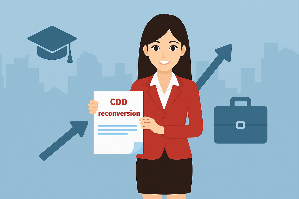 Illustration d'une femme professionnelle tenant un document CDD reconversion professionnelle, entourée de symboles de progression : diplôme, flèche montante, mallette et skyline urbain