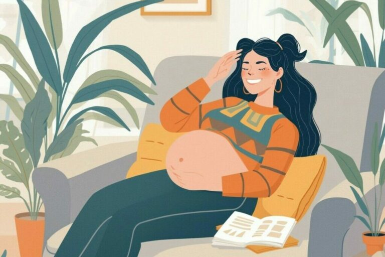Illustration représentant une femme enceinte se relaxant confortablement à la maison pendant son congé maternité, symbolisant le repos et la préparation à l'accouchement dans un environnement calme et bienveillant.
