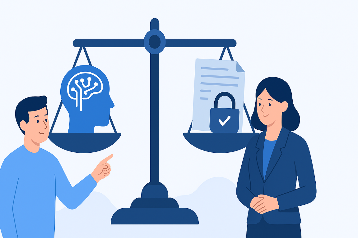 Illustration d'une balance de justice équilibrant l'intelligence artificielle et la conformité légale, avec un homme et une femme professionnelle discutant de la régulation de l'IA en RH