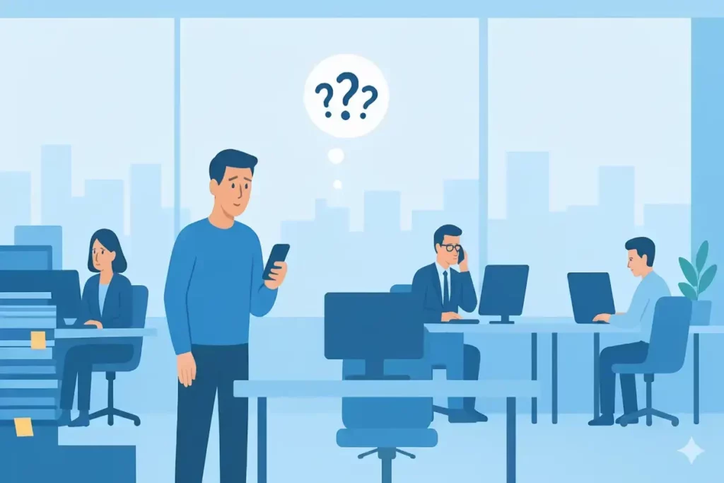 Illustration d'une équipe de professionnels dans un bureau moderne posant des questions et collaborant ensemble, avec un homme au centre tenant un téléphone et une bulle de dialogue avec des points d'interrogation (certainement sur le sujet d'une absence injustifiée d'un des salariés)