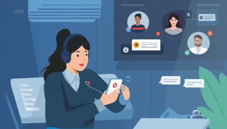 Illustration d'une femme professionnelle en astreinte, portant des écouteurs et tenant son téléphone, joignable pour intervenir avec ses collègues affichés à l'écran et notifications d'alerte