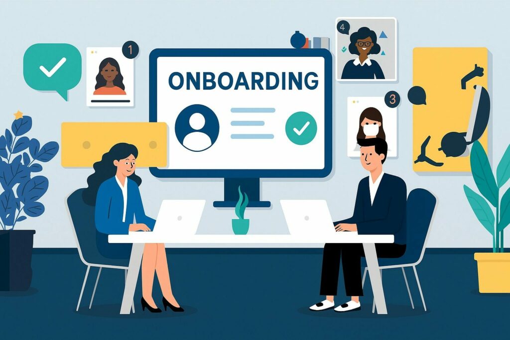 Illustration d'une équipe RH gérant le processus d'onboarding digital d'un nouveau collaborateur sur ordinateur, avec profils numérotés et checklist de validation.