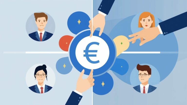 Illustration d'une équipe de professionnels partageant des bénéfices en euros, avec mains tenant un symbole euro au centre et profils de collaborateurs autour.