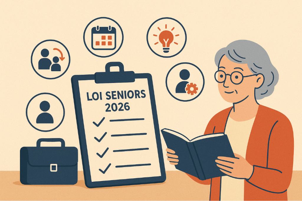 Illustration loi Seniors 2026 : salariée expérimentée consultant un guide avec checklist des nouvelles obligations pour les entreprises