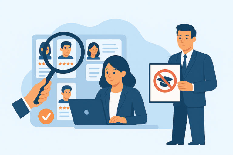 Recrutement par compétences : recruteur évaluant des candidats sur leurs compétences sans exiger de diplôme