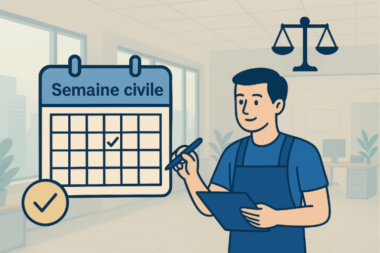 Illustration professionnelle montrant un salarié consultant un calendrier pour expliquer le repos hebdomadaire basé sur la semaine civile, du lundi au dimanche.