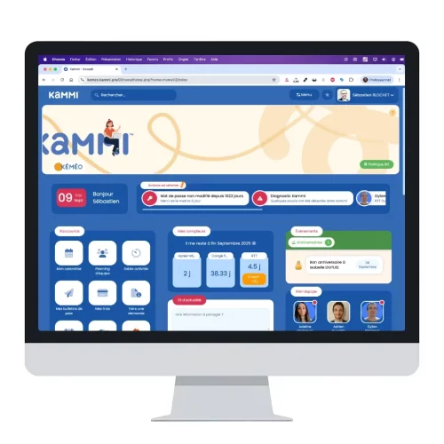 Tableau de bord SIRH Kammi affiché sur un iMac avec les raccourcis RH, compteurs de congés, alertes et actualités