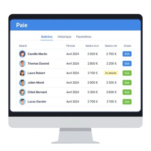 Interface du logiciel Kammi affichant la liste des bulletins de paie des salariés pour avril 2024 avec les statuts de validation, les salaires bruts et nets.